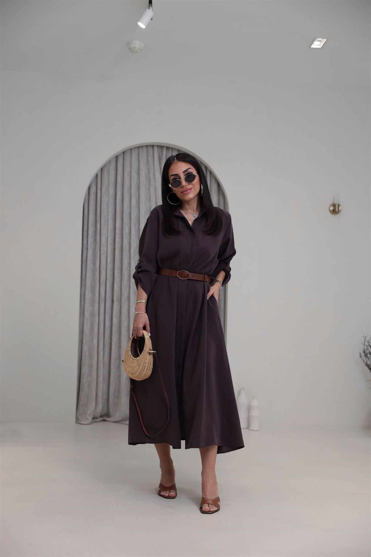 3270 Kemer Detaylı Tencel Kumaş Gömlek Elbise MÜRDÜM