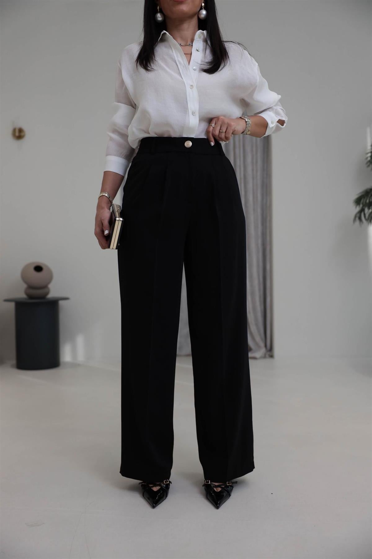 4386S Gold Düğmeli Palazzo Pantolon SİYAH