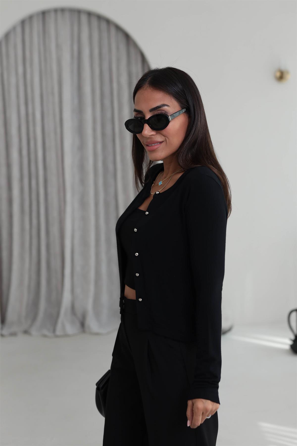 2122 Düğme Detaylı İnce Hırka SİYAH