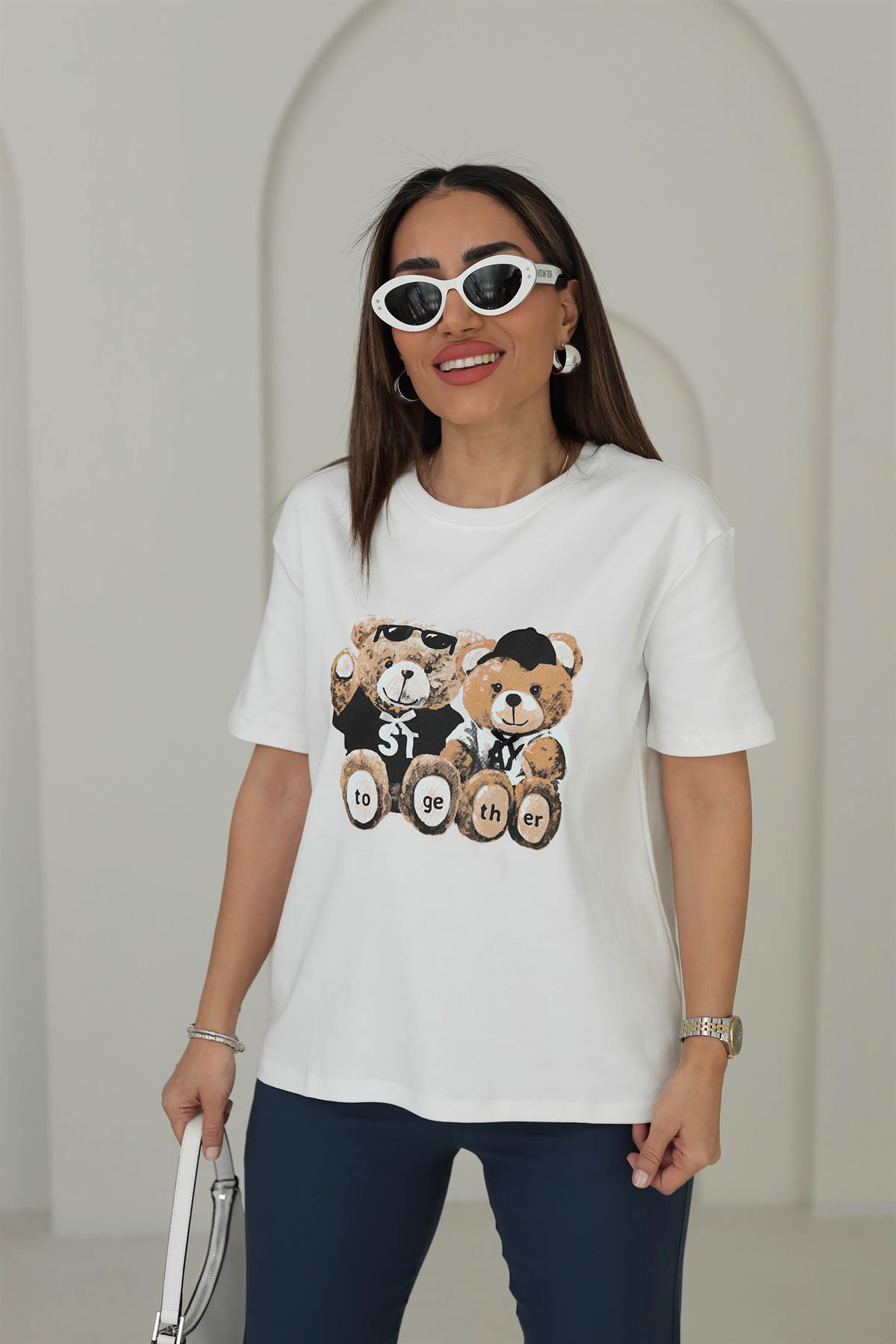 7878 Tedy Baskılı Bisiklet Yaka Tshirt BEYAZ