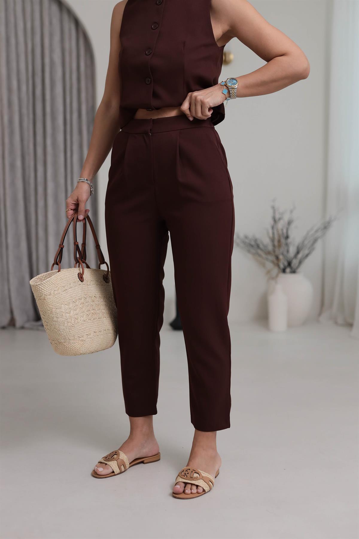 1154 Pensli Bel Lastikli Havuç Pantolon KAHVE