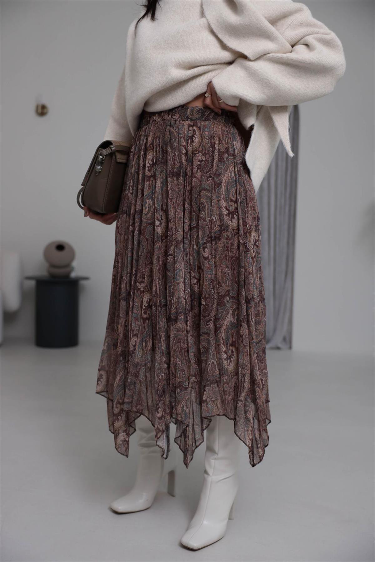 3873 Bel Lastikli Astarlı Asimetrik Etek DESENLİ