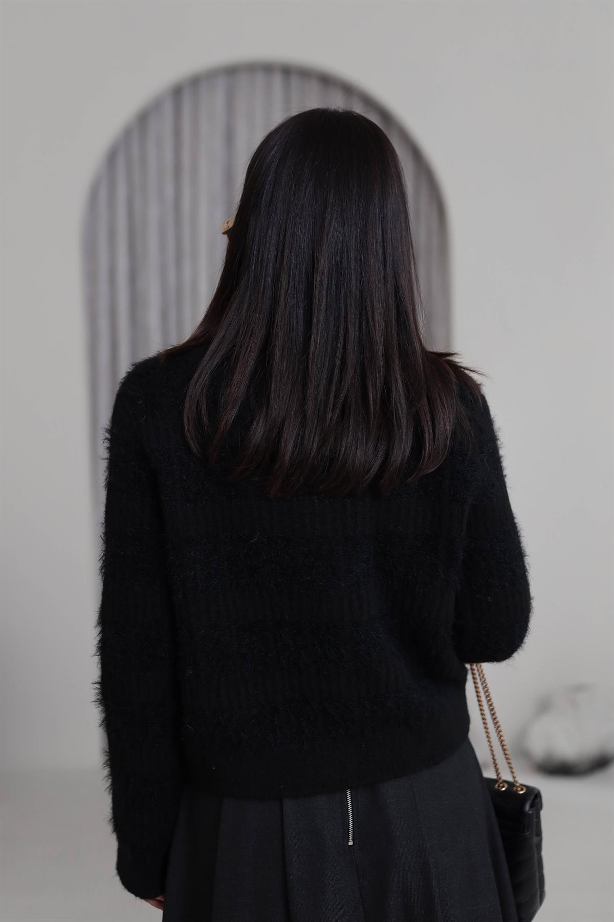 0990 Bisiklet Yaka Yumuşak Dokulu Gold Düğmeli Triko Hırka SİYAH