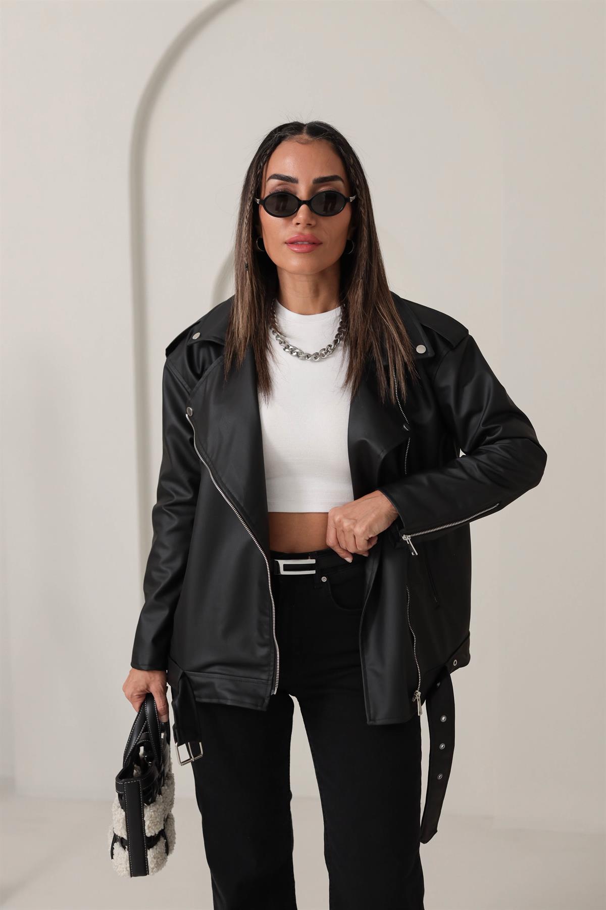 3085 Kolları Fermuar Detaykı Suni Deri Ceket SİYAH