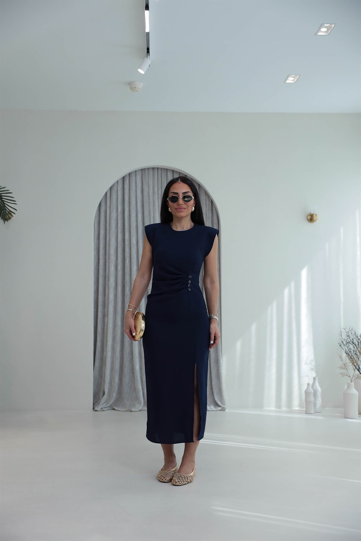 3870 Sıfır Kol Vatkalı Drapeli Elbise LACİVERT