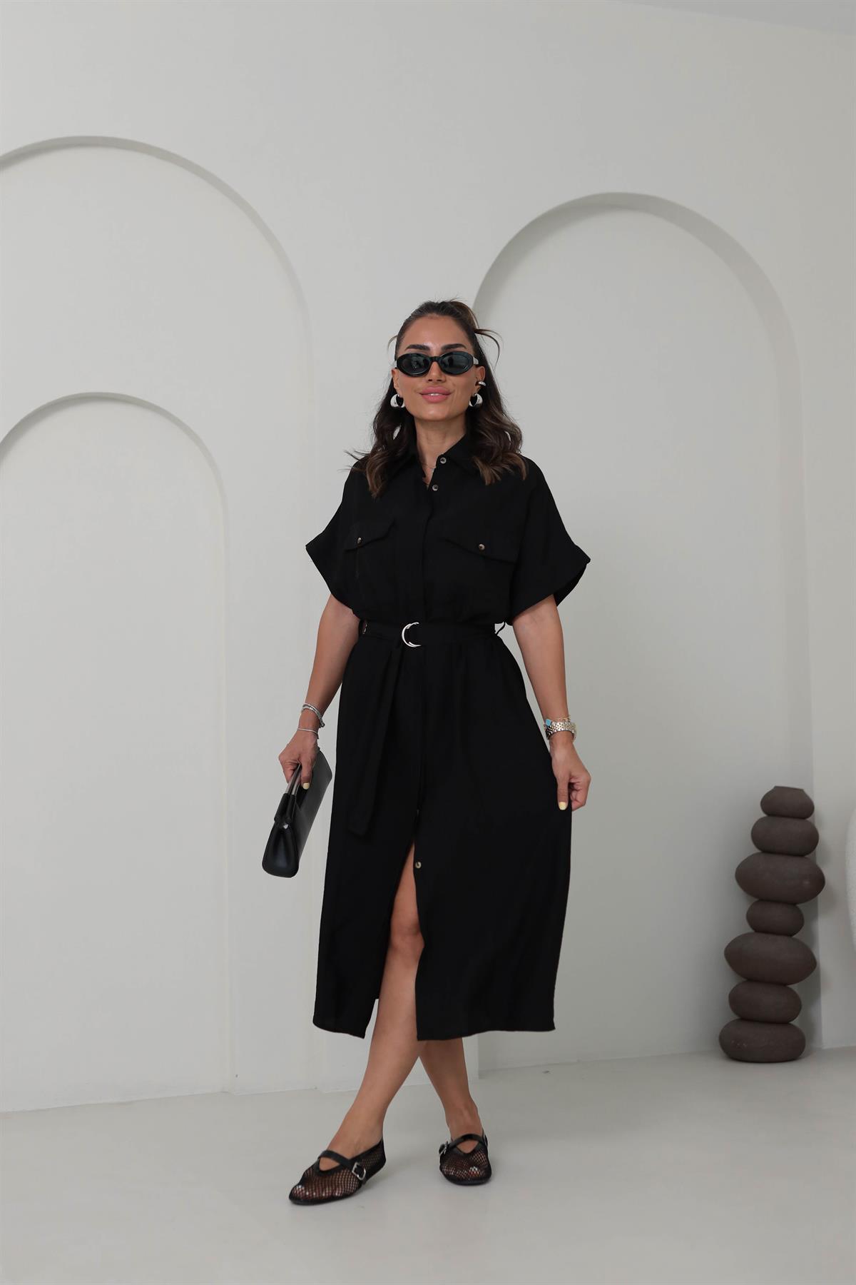 0236 Cep Kapaklı Kemerli Kısa Kol Gömlek Elbise SİYAH