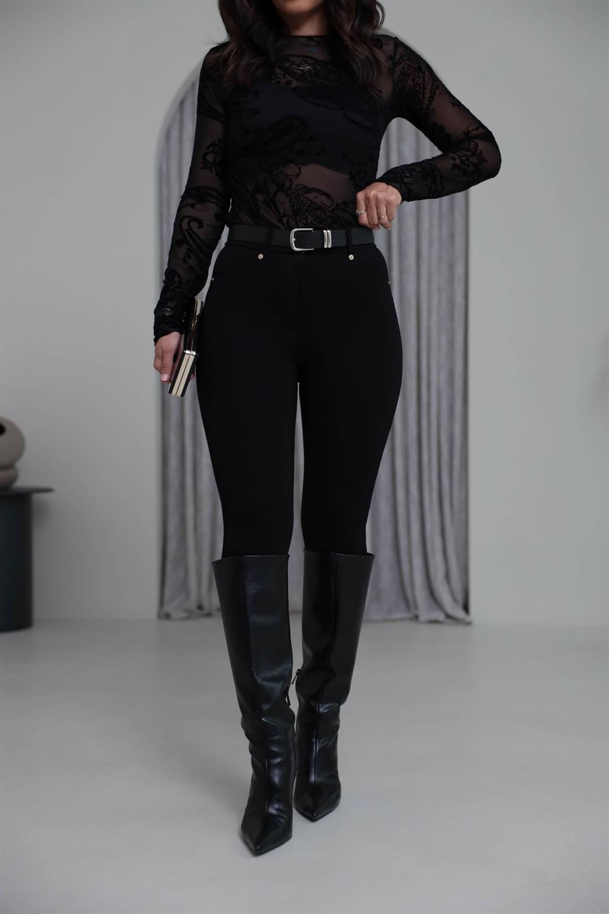7004 Kemerli Çelik Tayt Pantolon SİYAH