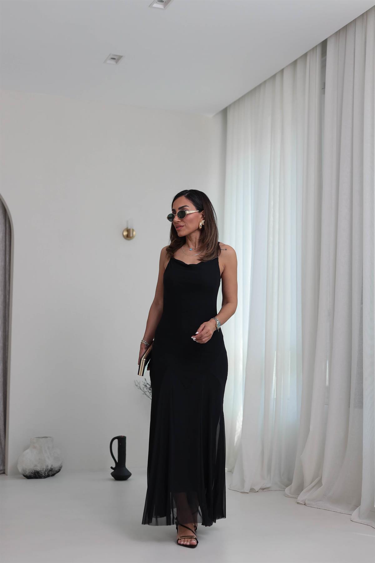 7320 İp Askılı Etek Ucu Dikiş Parçalı Tül Elbise SİYAH