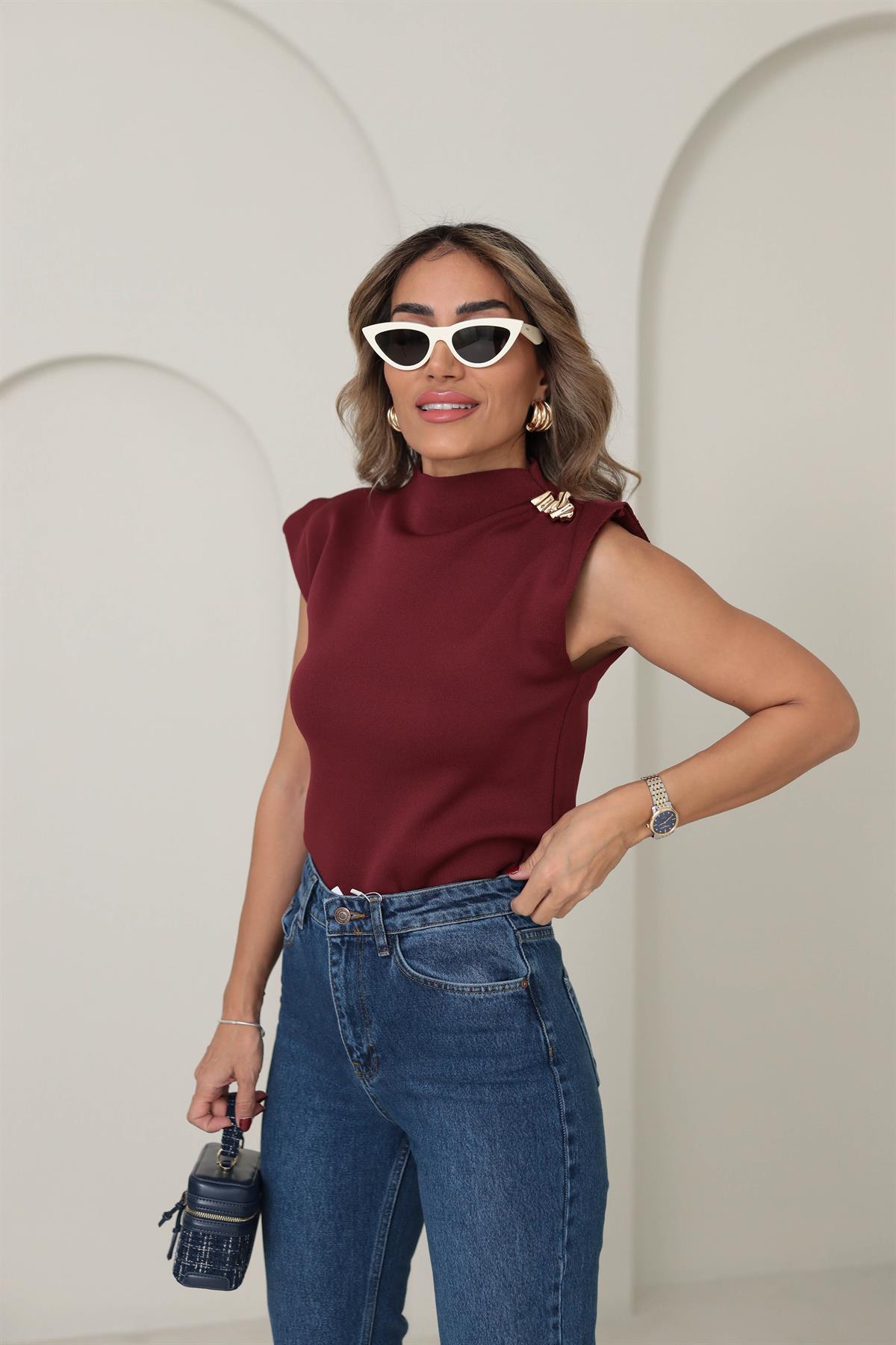 4533 Yarım Balıkçı Broşlu Triko Bluz BORDO