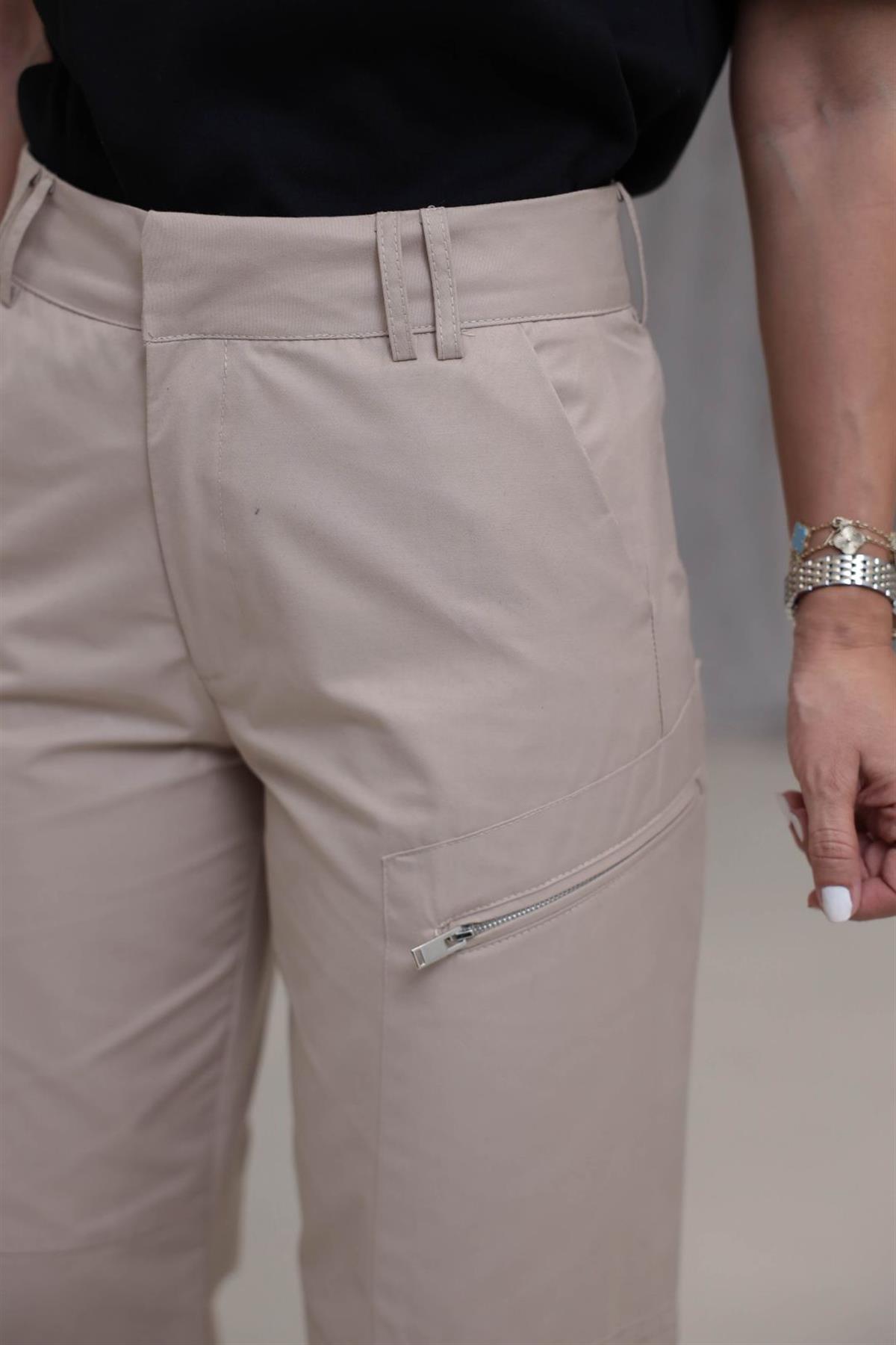 Geniş Paça Fermuar Cepli Kargo Pantolon BEJ