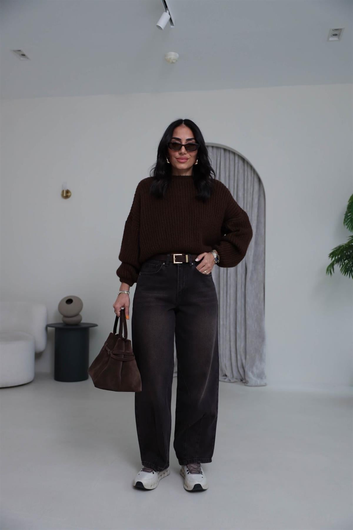 3579 Bisiklet Yaka Örme Oversize Kısa Kazak KAHVE