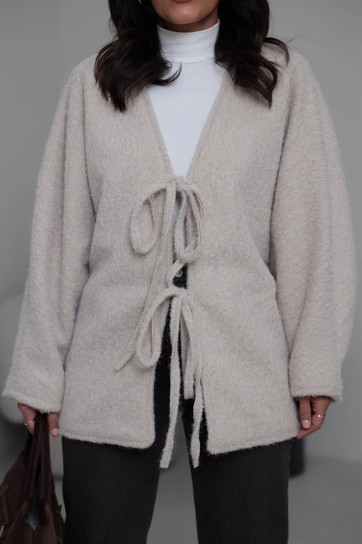 8989 Önü Bağlamalı Oversize Keçe Ceket TAŞ