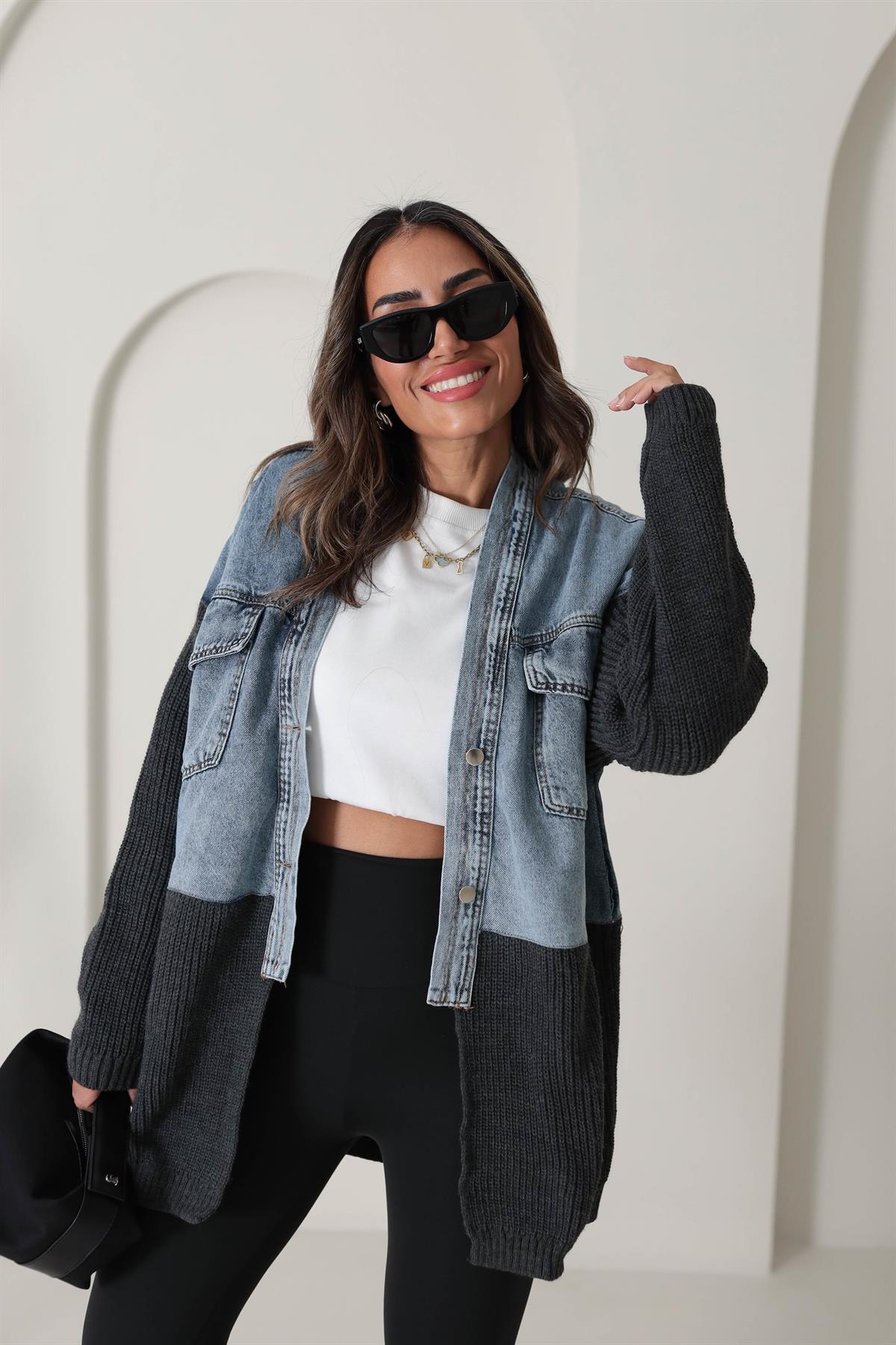 4139 Tasarım Triko ve Kot Garnili Ceket Hırka FÜME