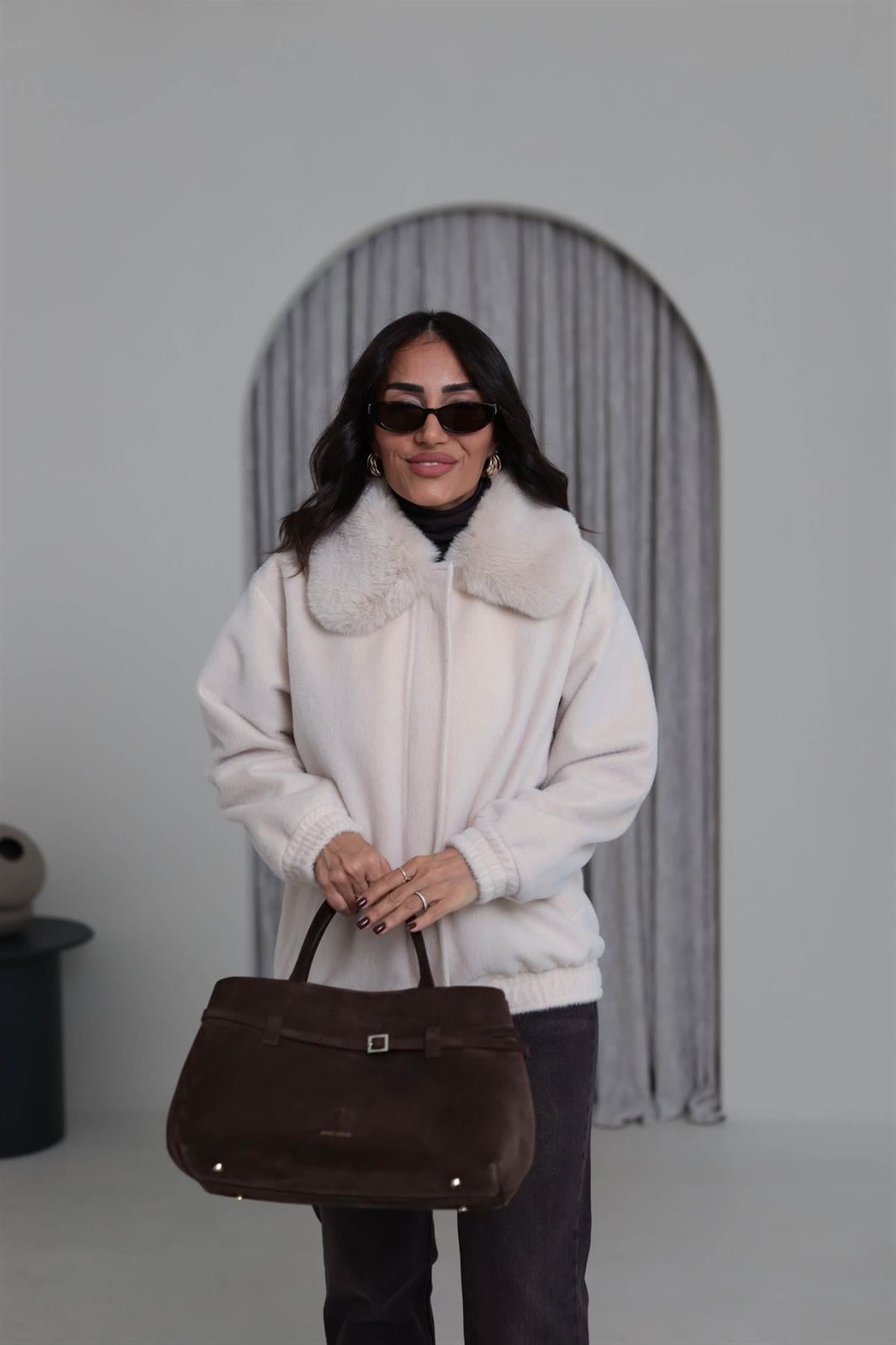 0099 Yaka Kürklü Alpaka Kaban EKRU