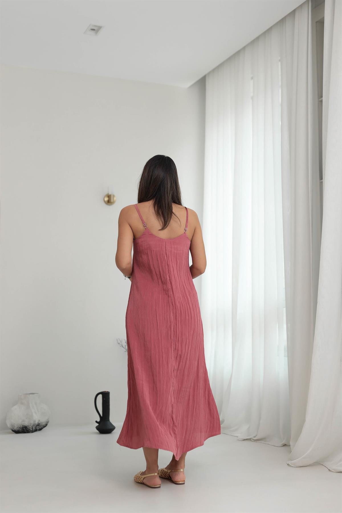 8203 İp Askılı Kraşlı Elbise GÜL KURUSU