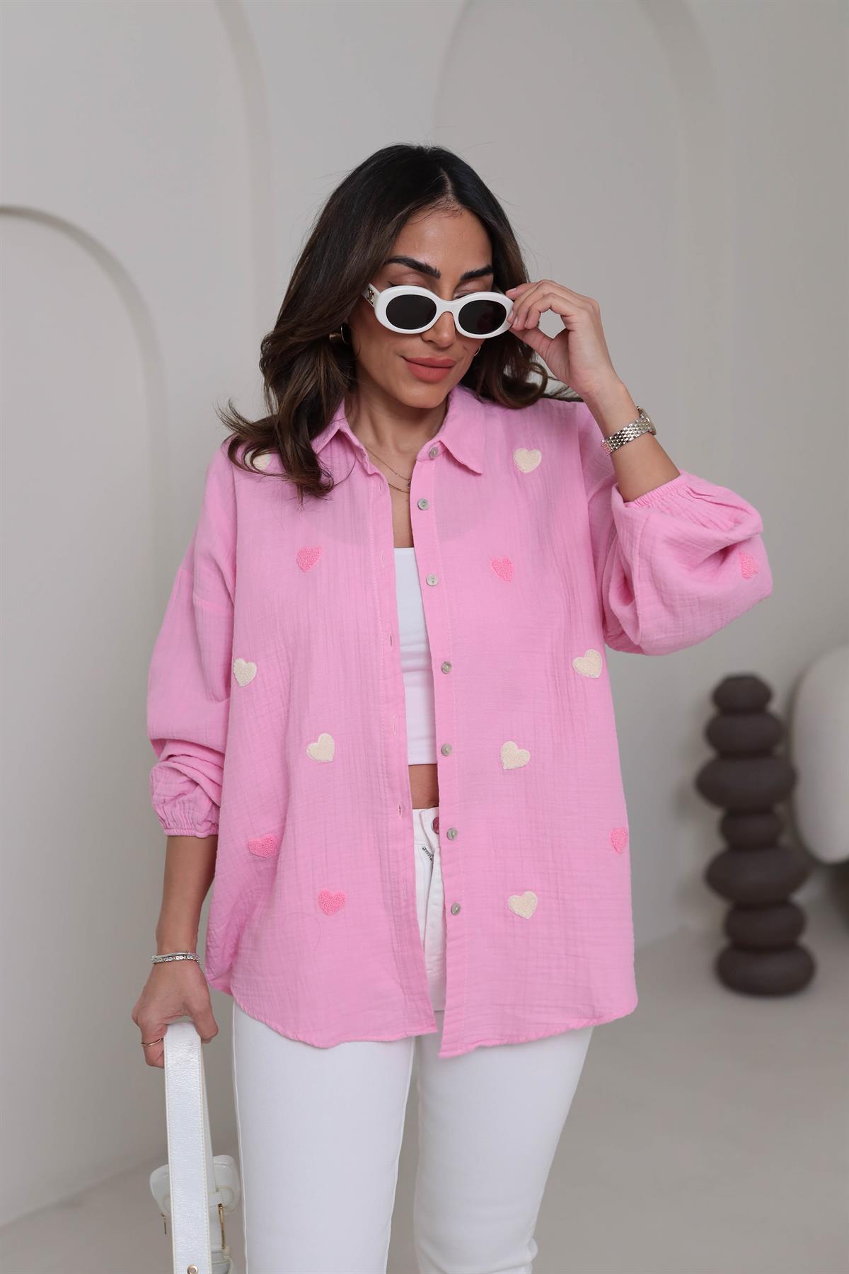 7930 Kalpli Kol Lastikli Müslin Kumaş Gömlek PEMBE