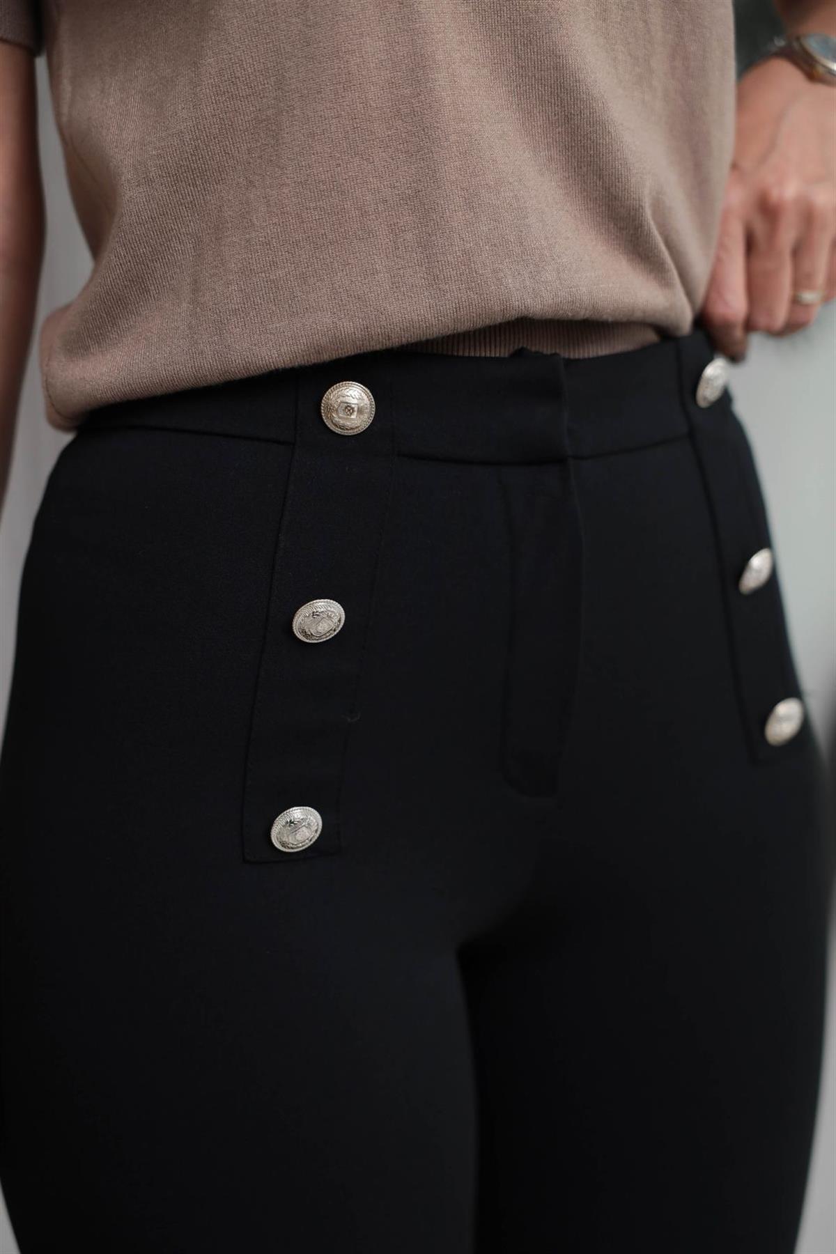 4083 Gold Düğmeli Likralı Toparlayıcı İspanyol Pantolon SİYAH