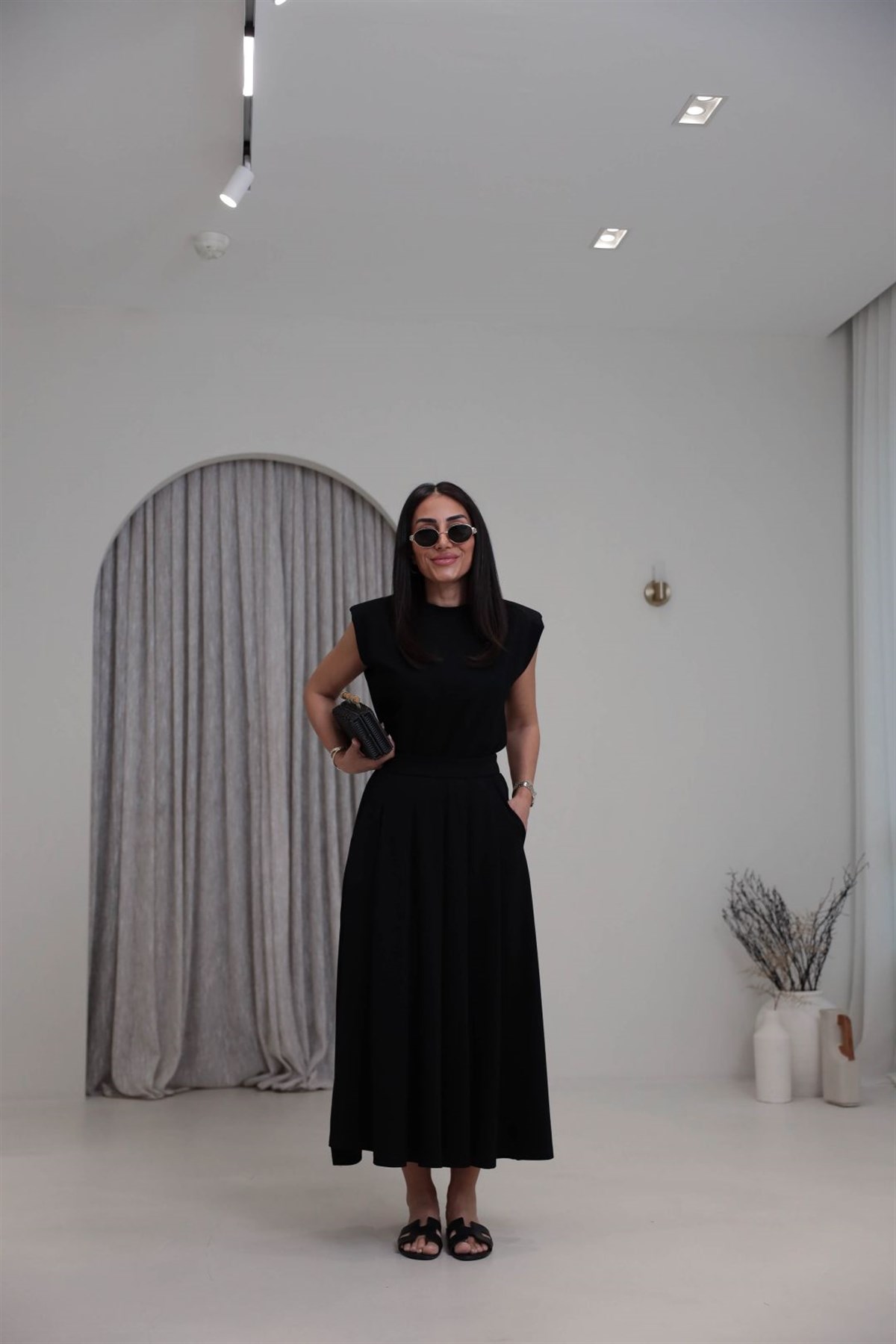 7150 Vatkalı Penye Bluz ve Pileli Etekli Takım SİYAH