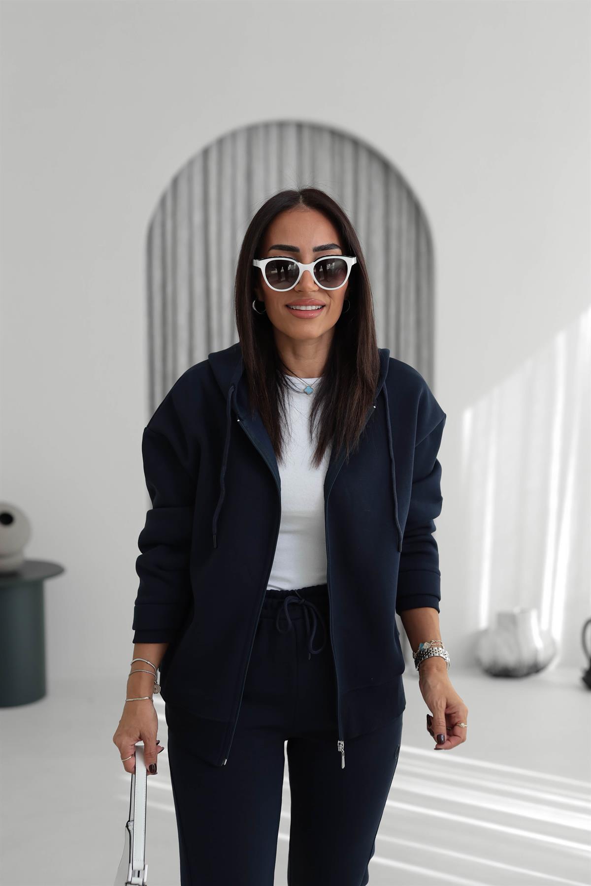 7316 Kapşonlu Fermuarlı Şardonlu Sweatshirt LACİVERT