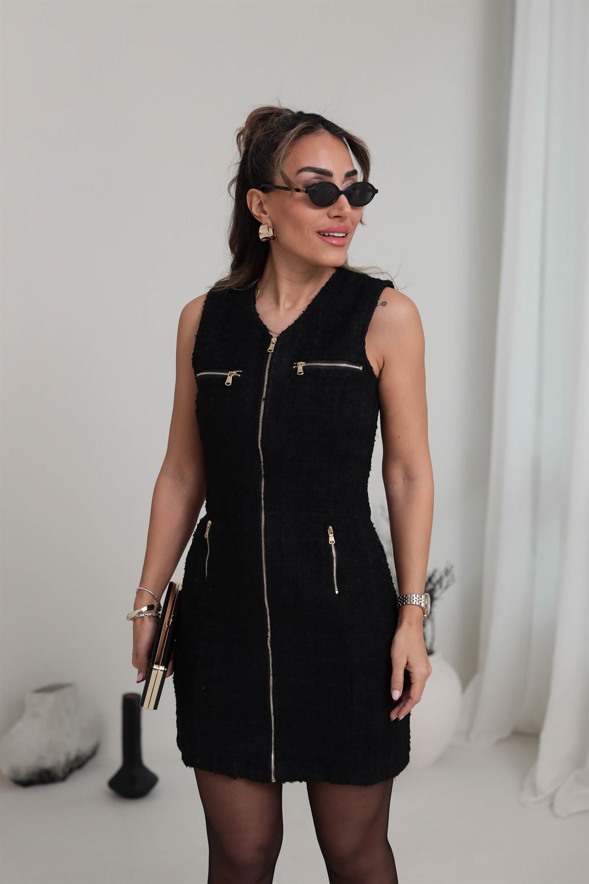 4431 Fermuarlı Kolsuz Tüvit Elbise SİYAH