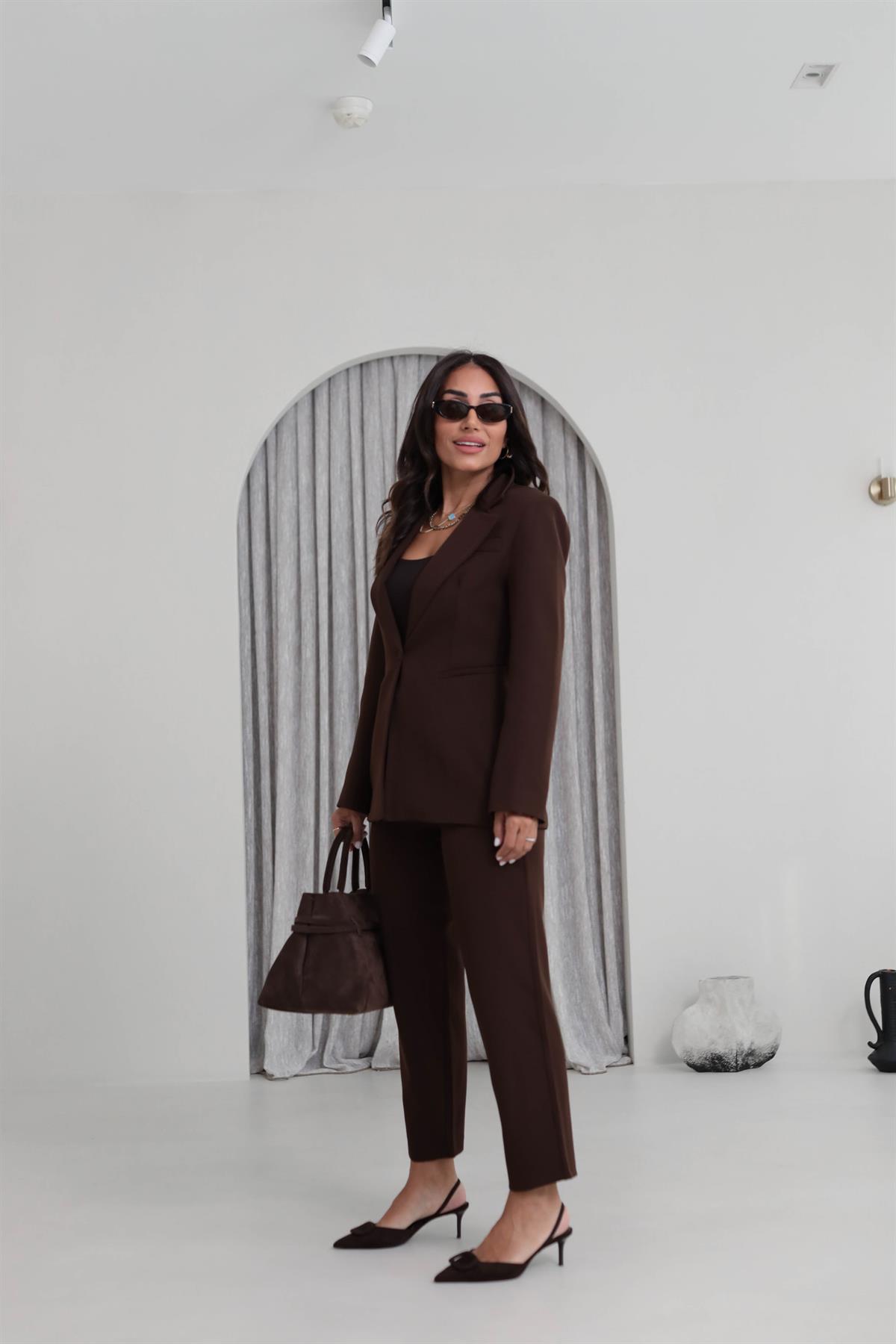 9246 Geniş Gazili Ceket Takım KAHVE
