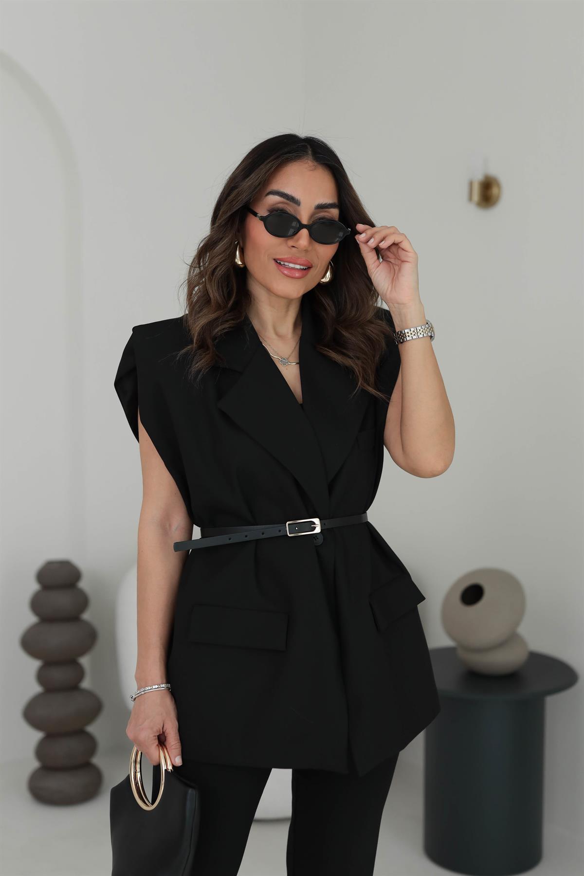 7449 Vatkalı Ve kemerli Yelek Ceket SİYAH