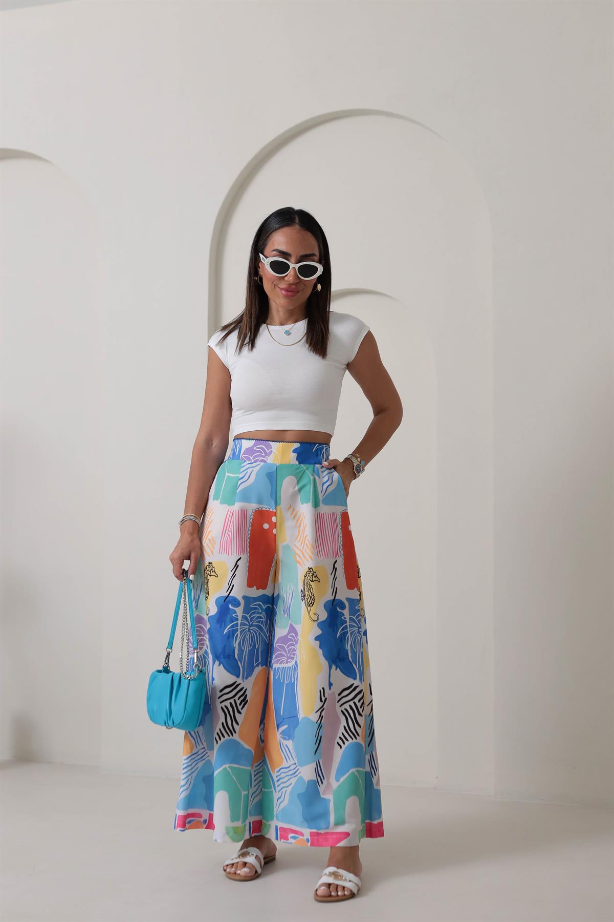 0404 Desenli Yüksek Bel Bol Paça Pantolon RENKLİ