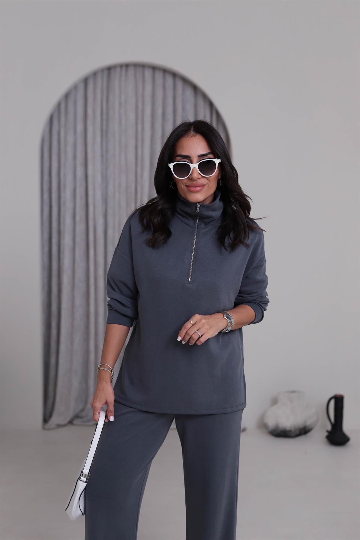 Yanları Yırtmaç Detaylı Yarım Fermuarlı Modal Takım ANTRASİT