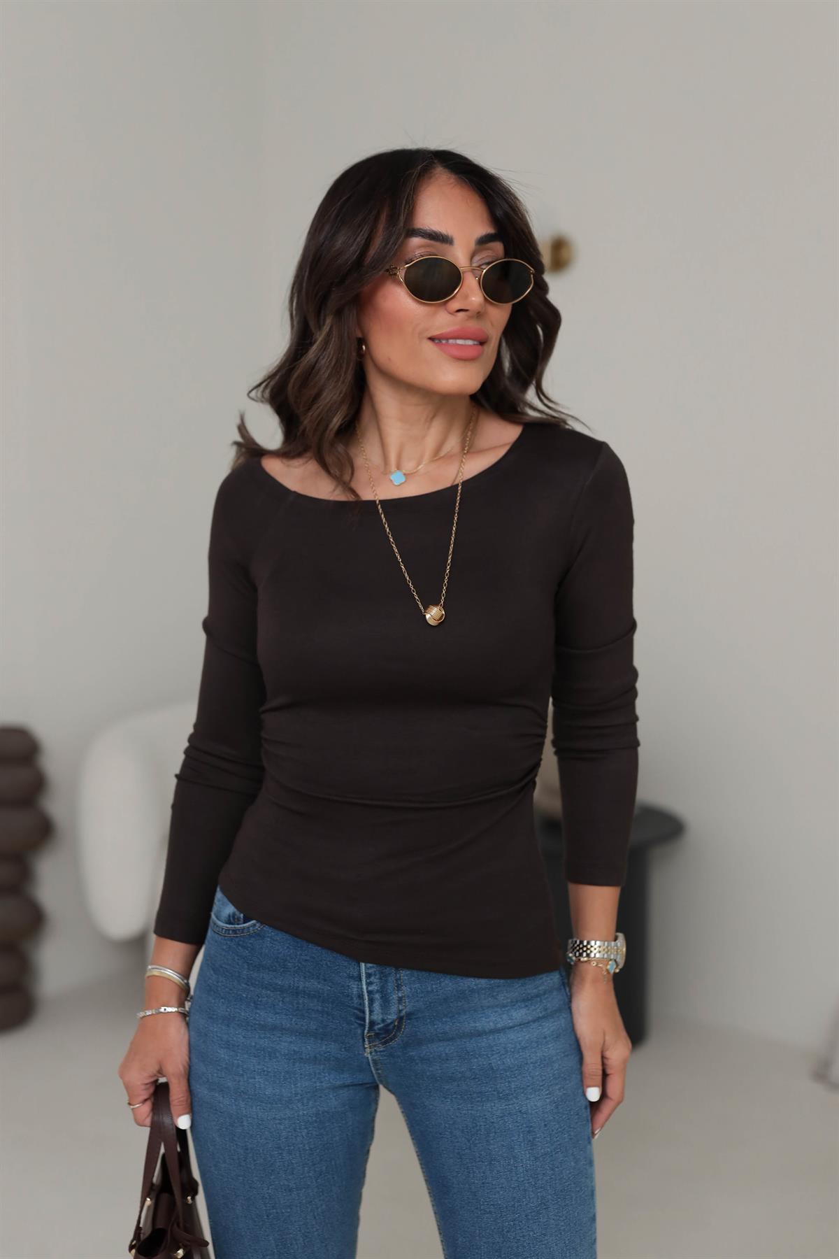 1007 Asimetrik Yaka Yanları Drapeli Modal Bluz ACI KAHVE