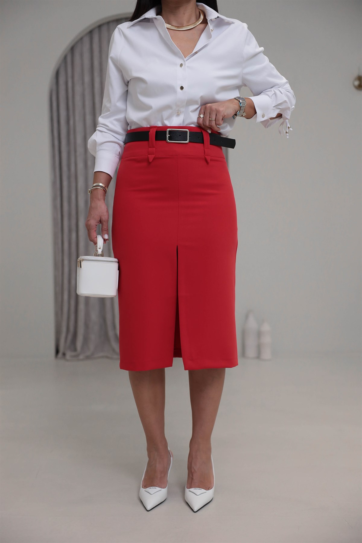 7607 Ön Yırtmaçlı Kalem Etek KIRMIZI