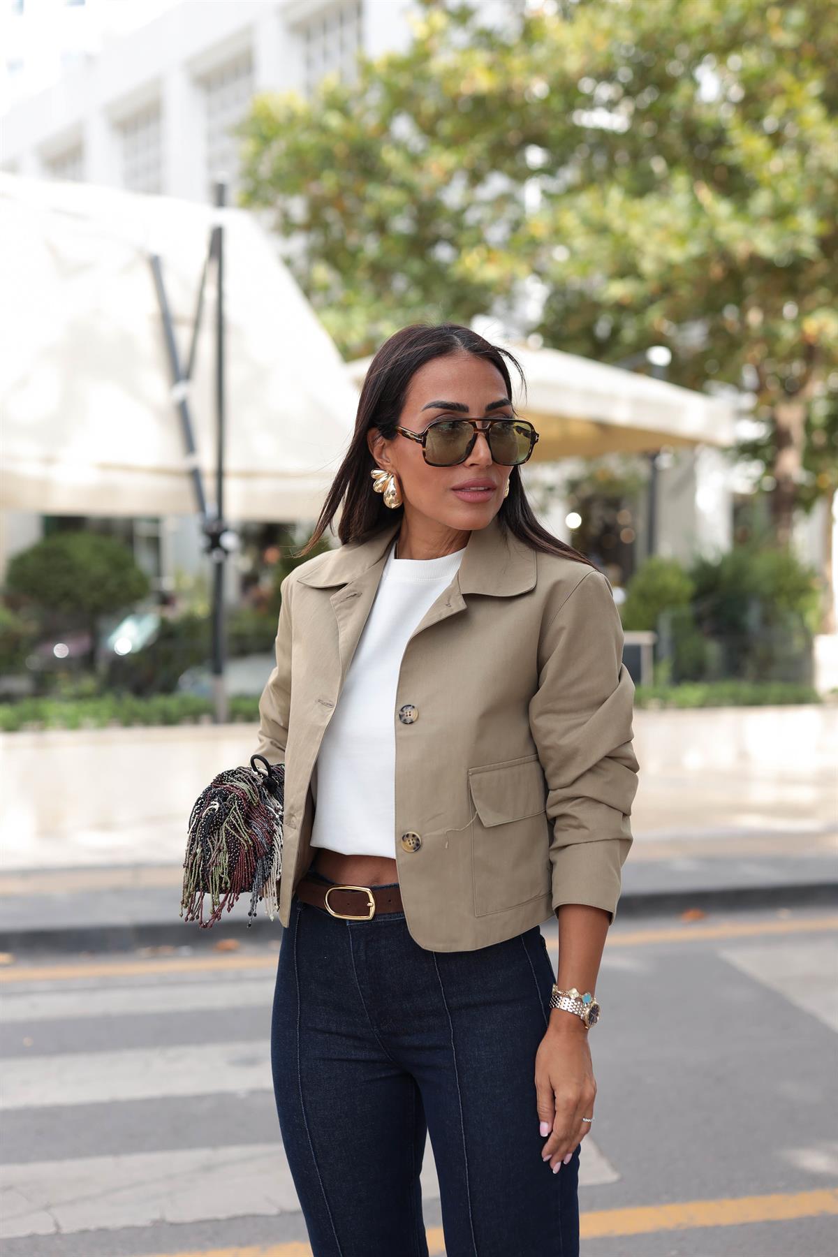 0163 Cep Kapaklı Kısa Trençkot Ceket HAKİ YEŞİL