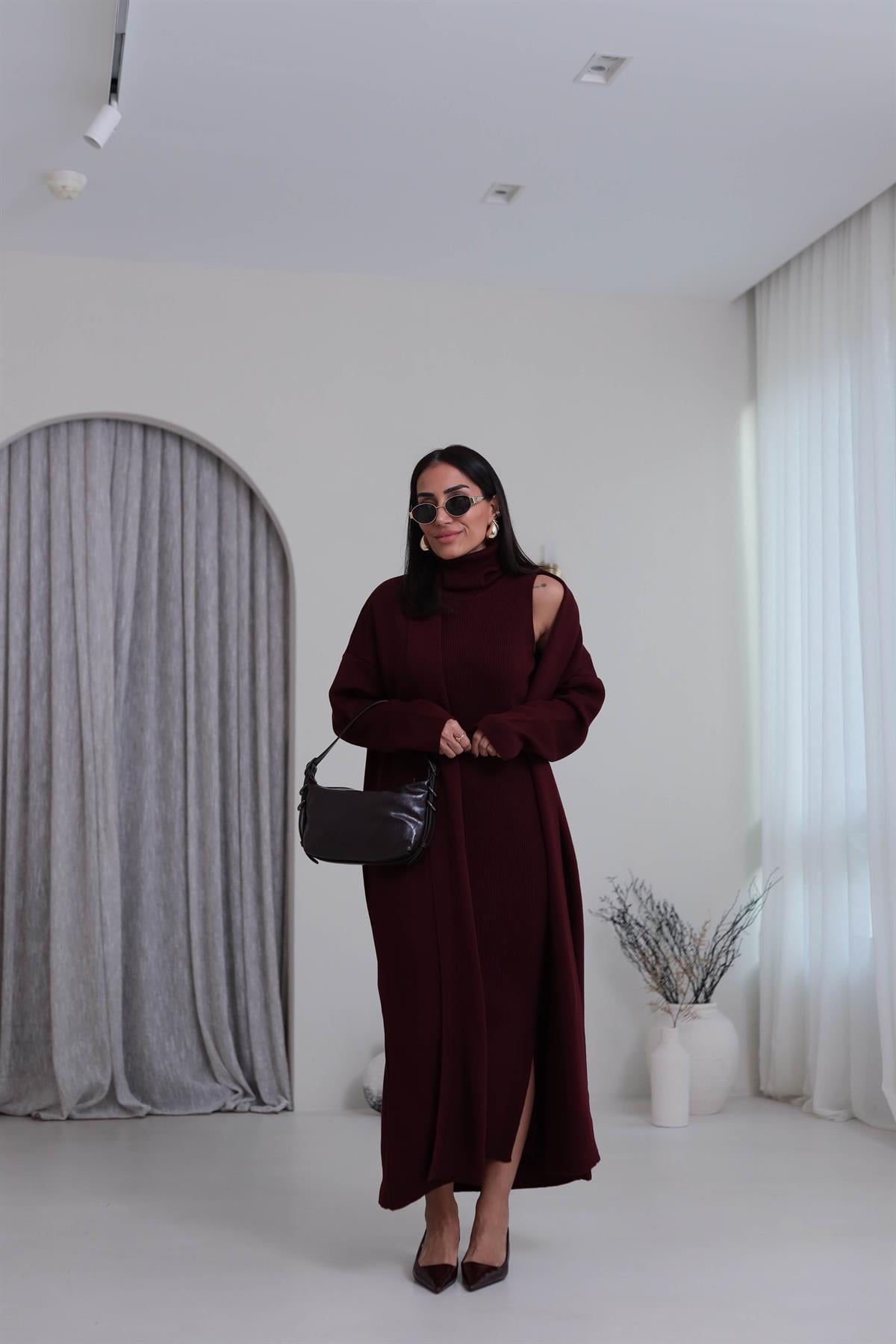 0117 Balıkçı Yaka Sıfır Kol Elbiseli Hırkalı Takım BORDO