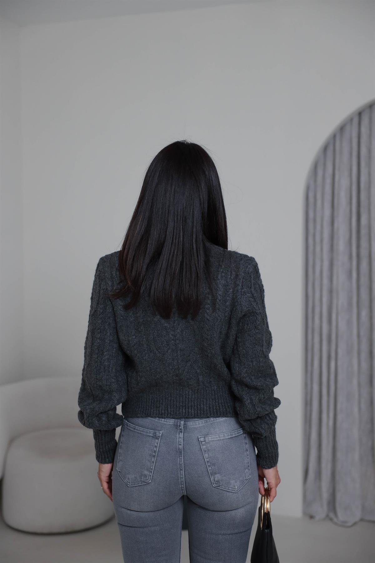 2549 Balıkçı Yaka Örgü Desen Kazak ANTRASİT