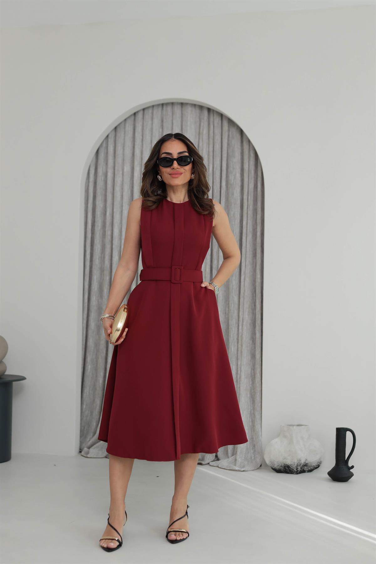 3715 A Kesim Sıfır Kol Kemerli Midi Elbise BORDO