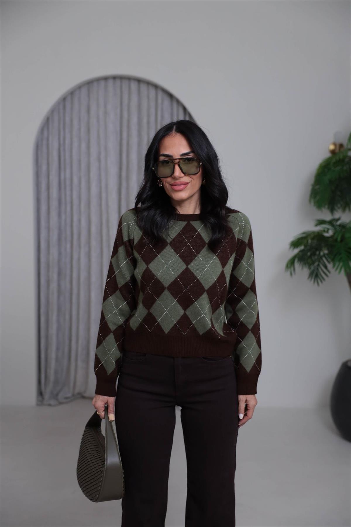 0112 Bisiklet Yaka Baklava Desen Kazak HAKİ-KAHVE