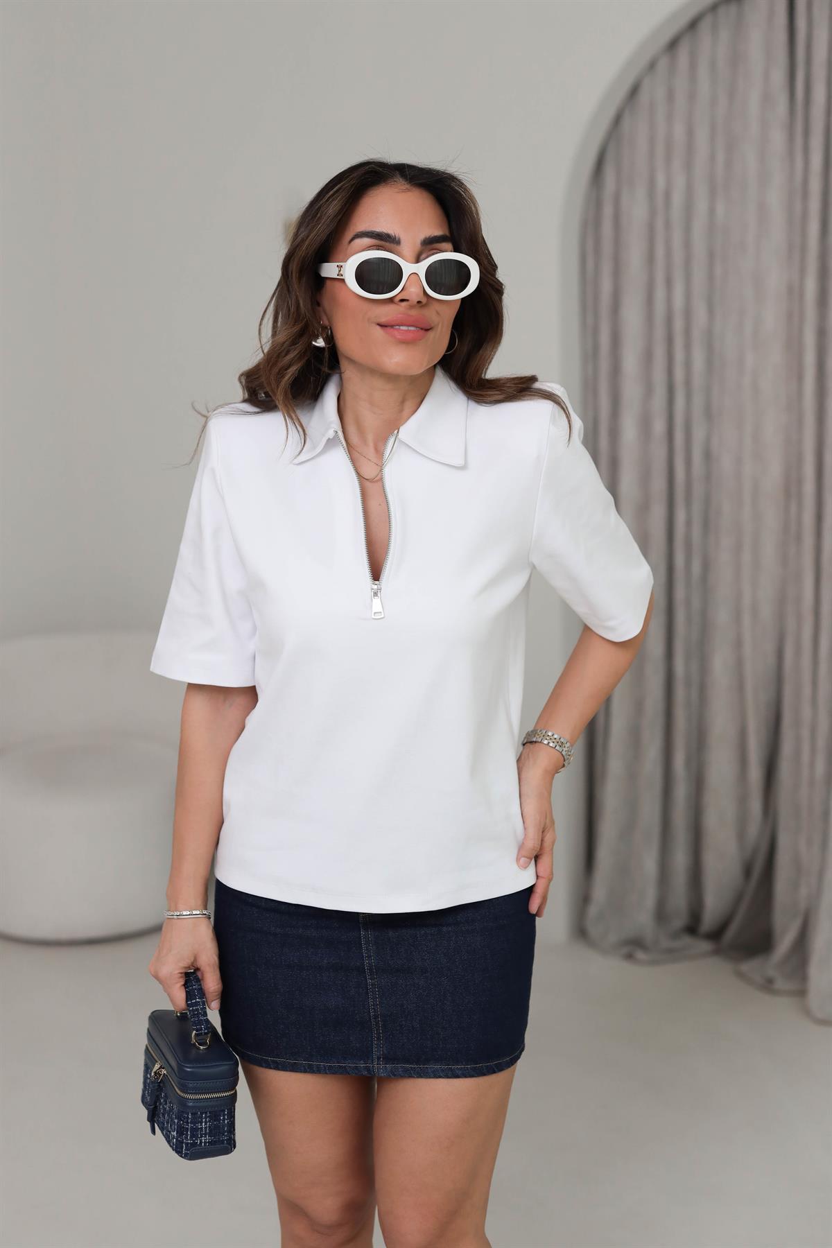 1008 Polo Yaka Fermuarlı Tshirt BEYAZ