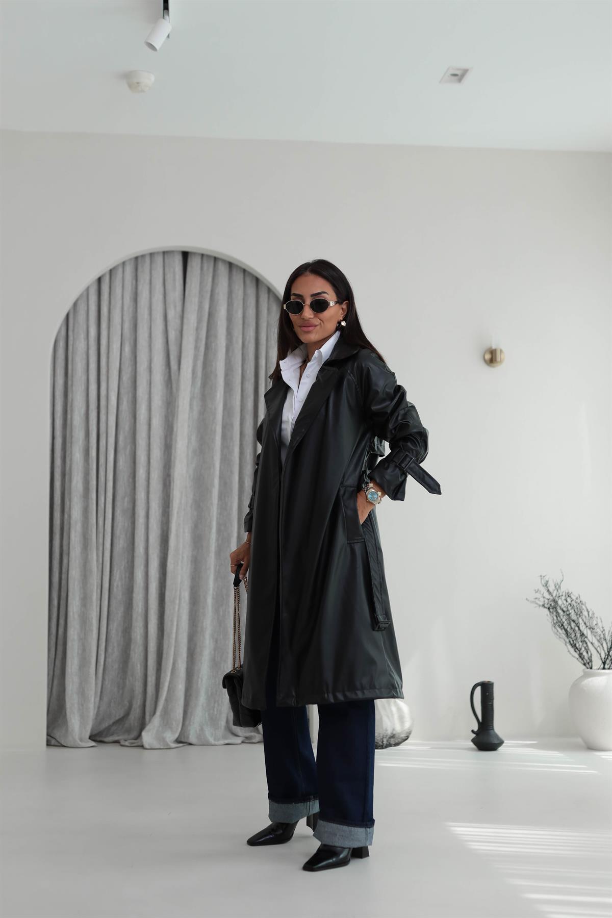 2035 Kemerli Deri Trençkot SİYAH