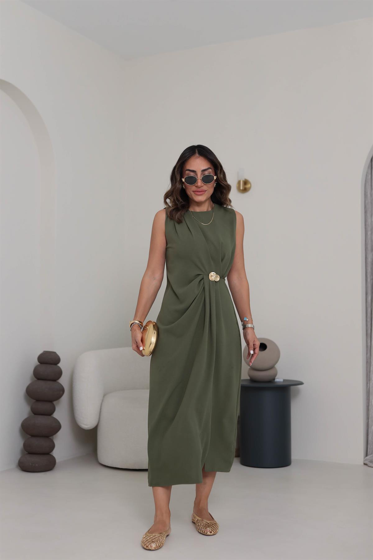 3718 Gold Broşlu Kolsuz Midi Elbise HAKİ YEŞİL