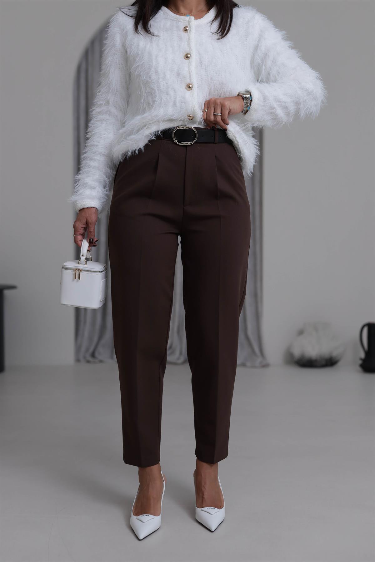 2679 Köprülü Kemer Detaylı Kumaş Pantolon KAHVE