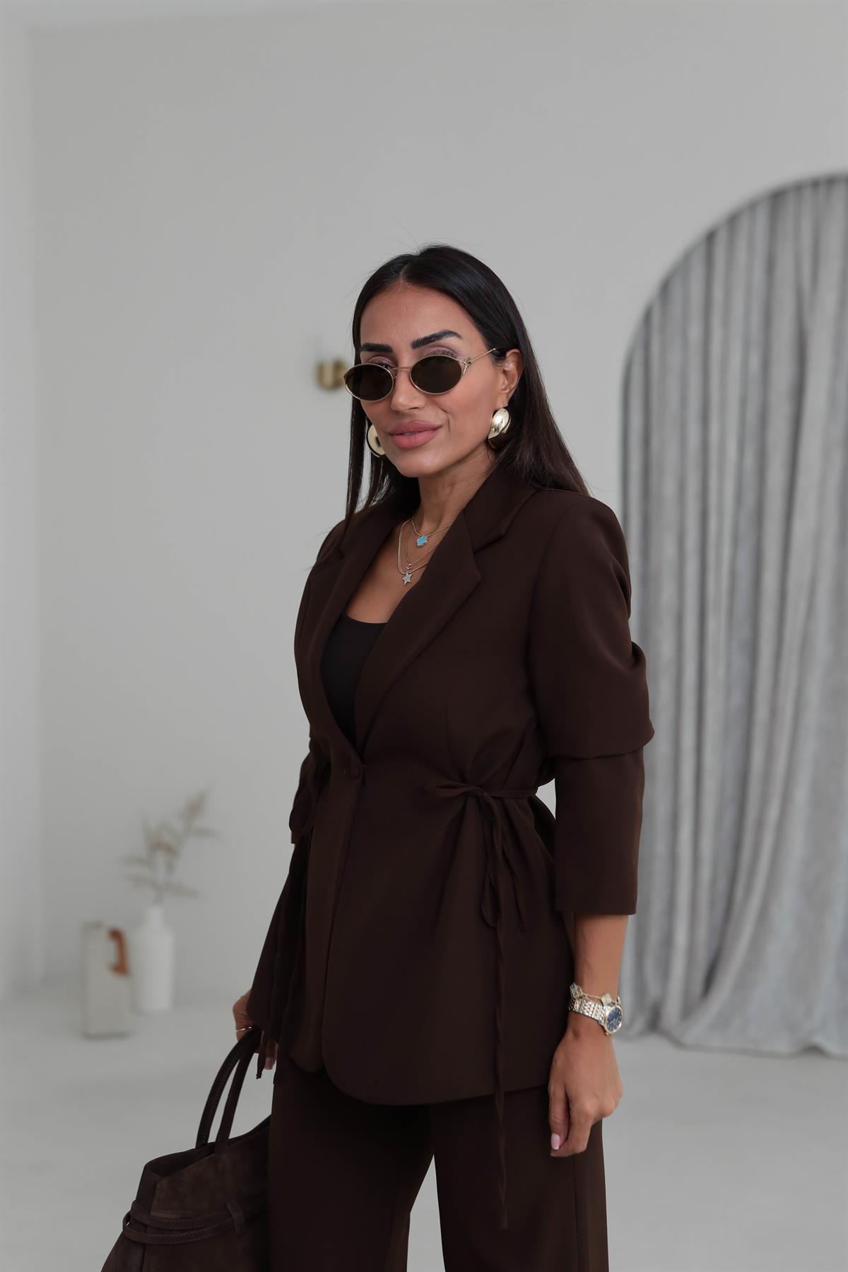 9241 Bağlamalı Oversize Ceketli Takım KAHVE