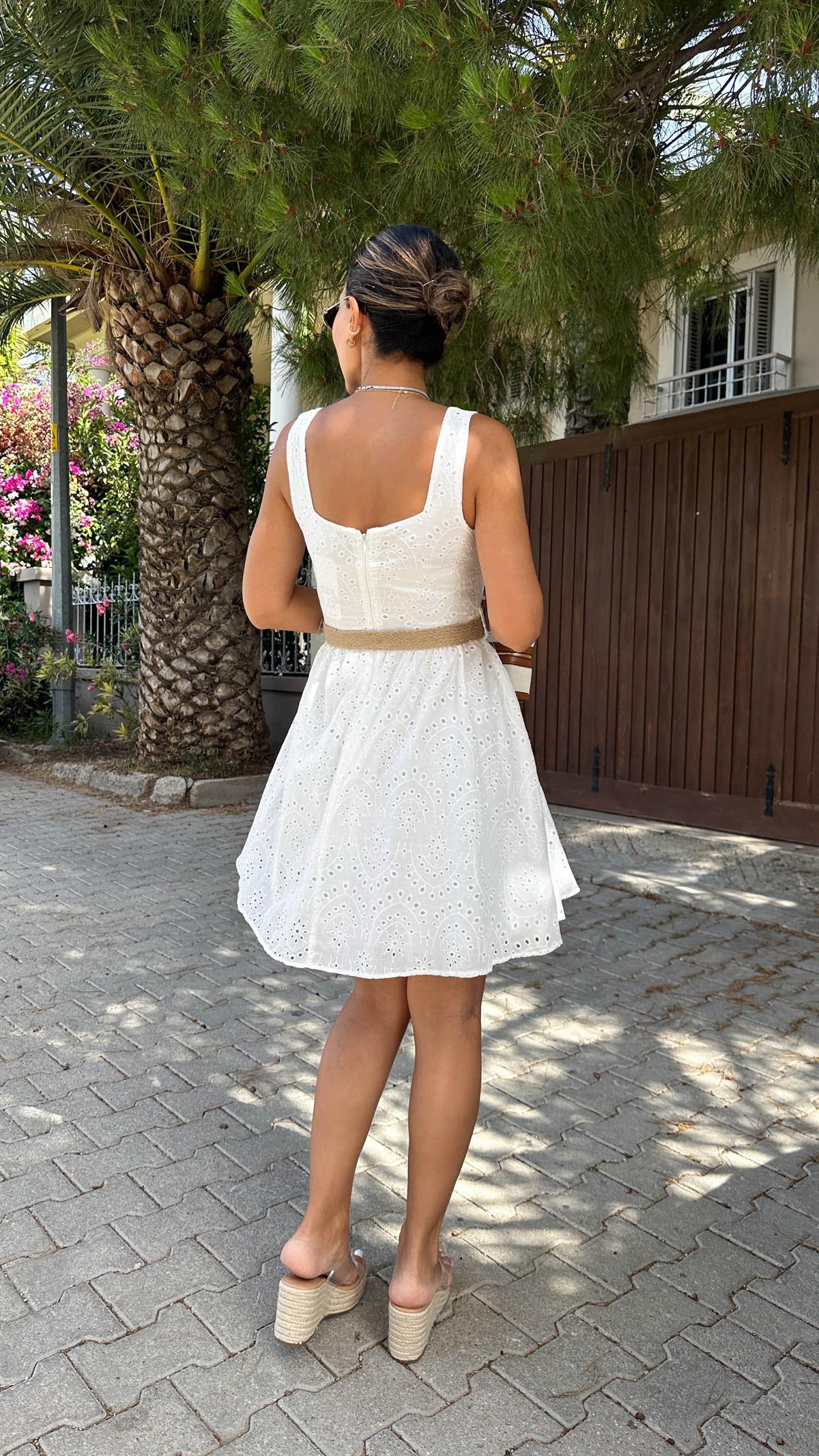 5879 Kalın Askılı Hasır Kemerli Güpür Elbise EKRU