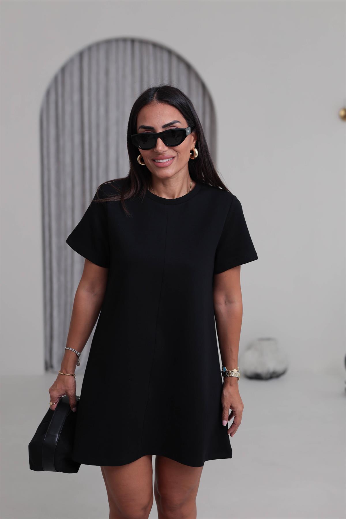 1523 Ön Dikiş Detaylı Penye Elbise SİYAH