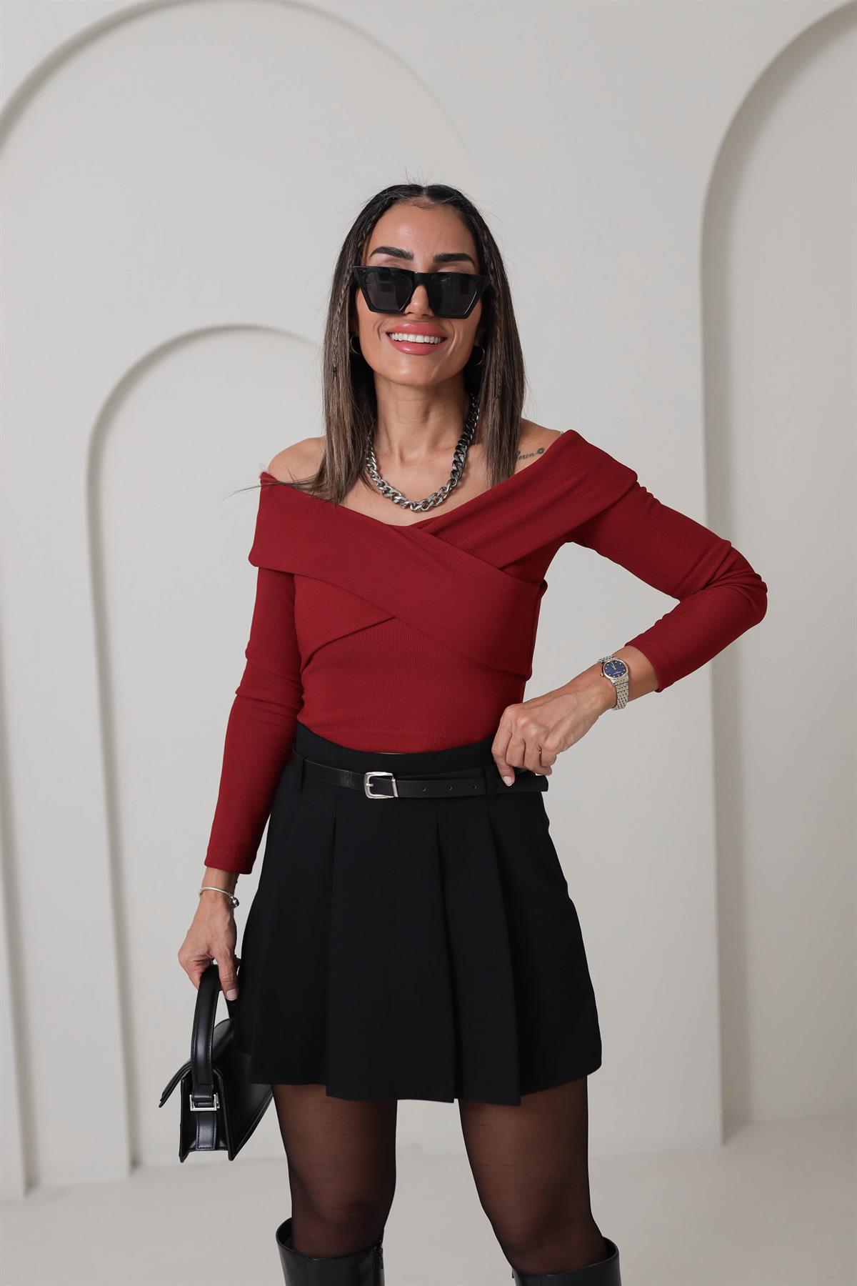 9184 Ottoman Kumaş Çapraz Detay Bluz KIRMIZI