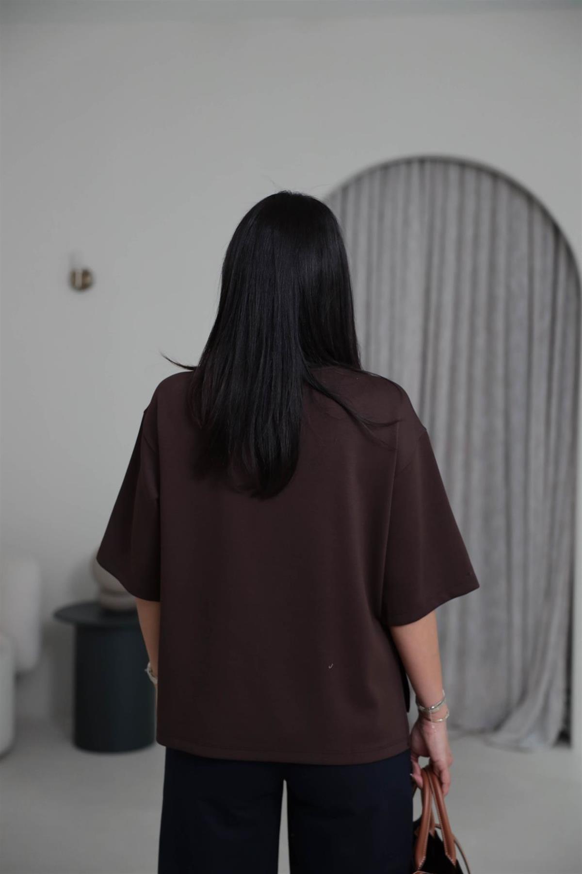 1066 Yanları Yırtmaçlı Bisiklet Yaka Modal Tshirt ACI KAHVE