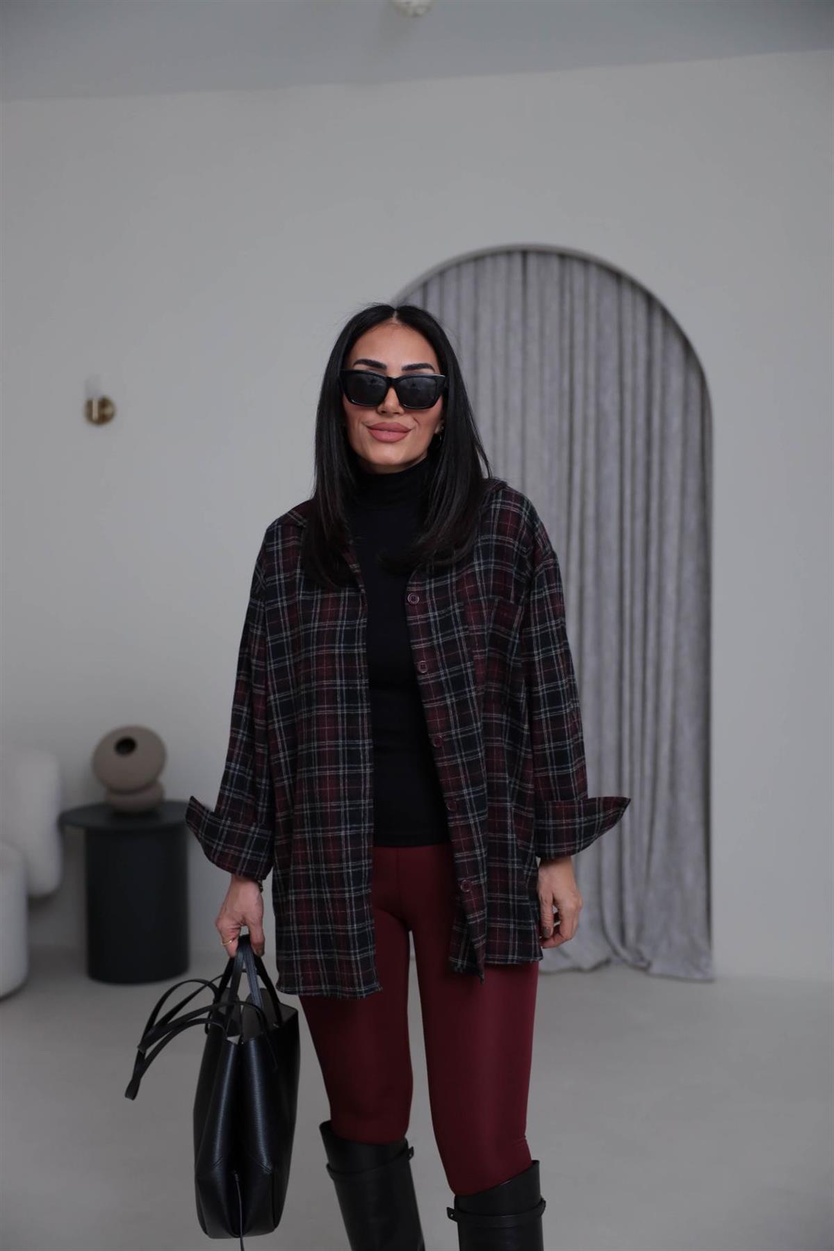 513 Ekose Desen Yünlü Rahat Gömlek BORDO