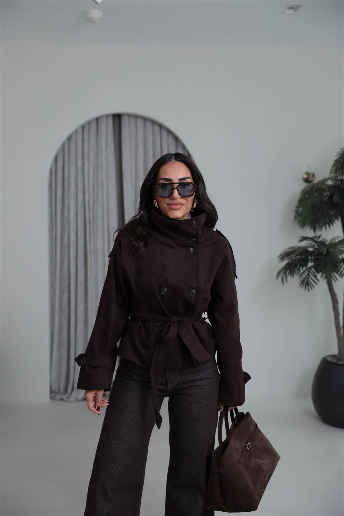 8437 Dik Yaka Kuşaklı Süet Ceket ACI KAHVE