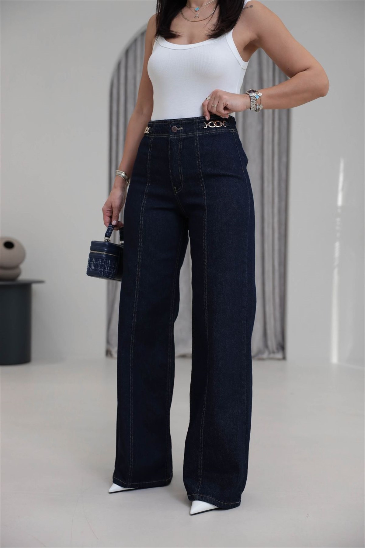 1046 Beli Aksesuar Detaylı Palazzo Jean LACİVERT