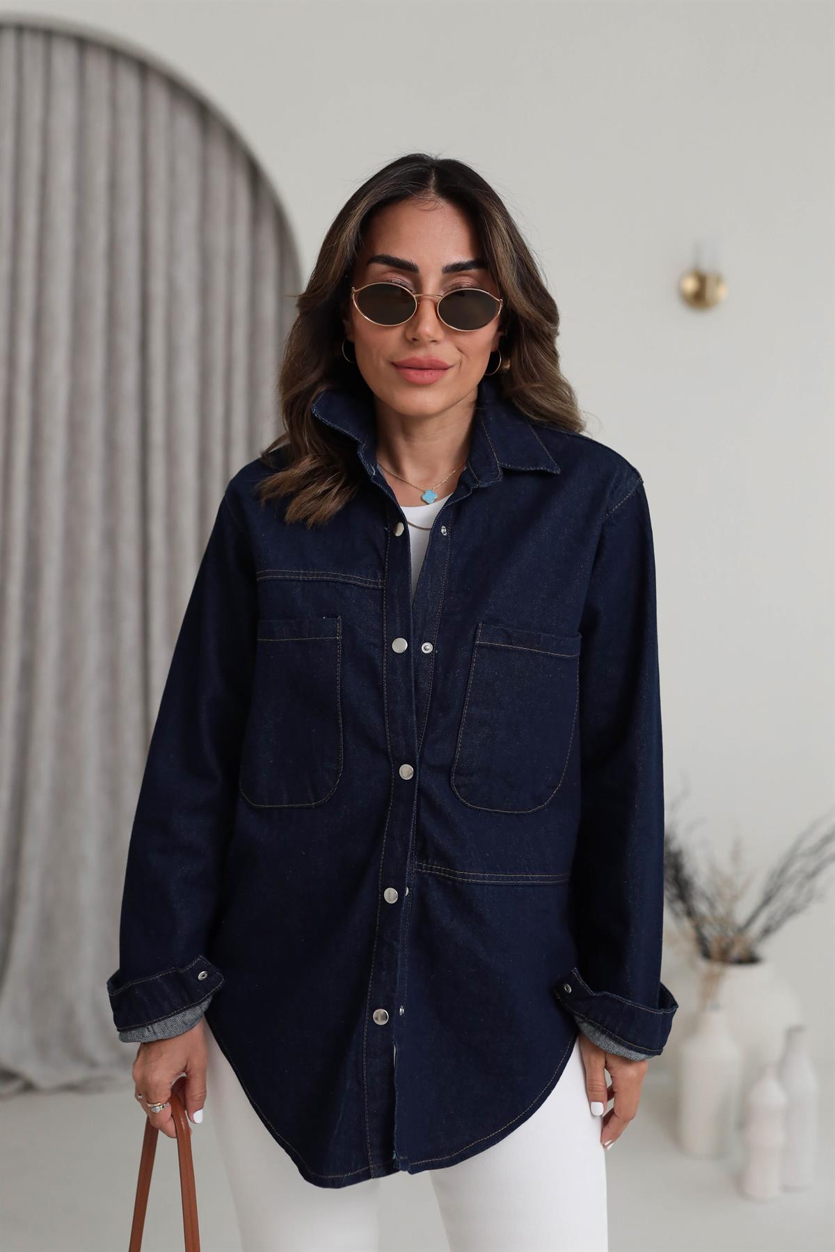 6016 Cep Detaylı Çıtçıtlı Denim Ceket KOYU LACİ