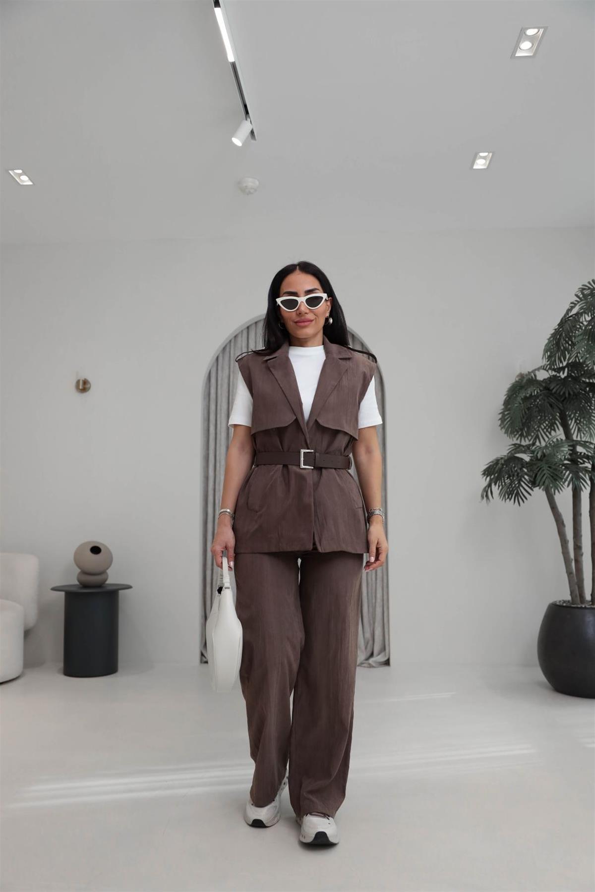 0719 Kemerli Tencel Kumaş Pantolon Yelek Takım KAHVE