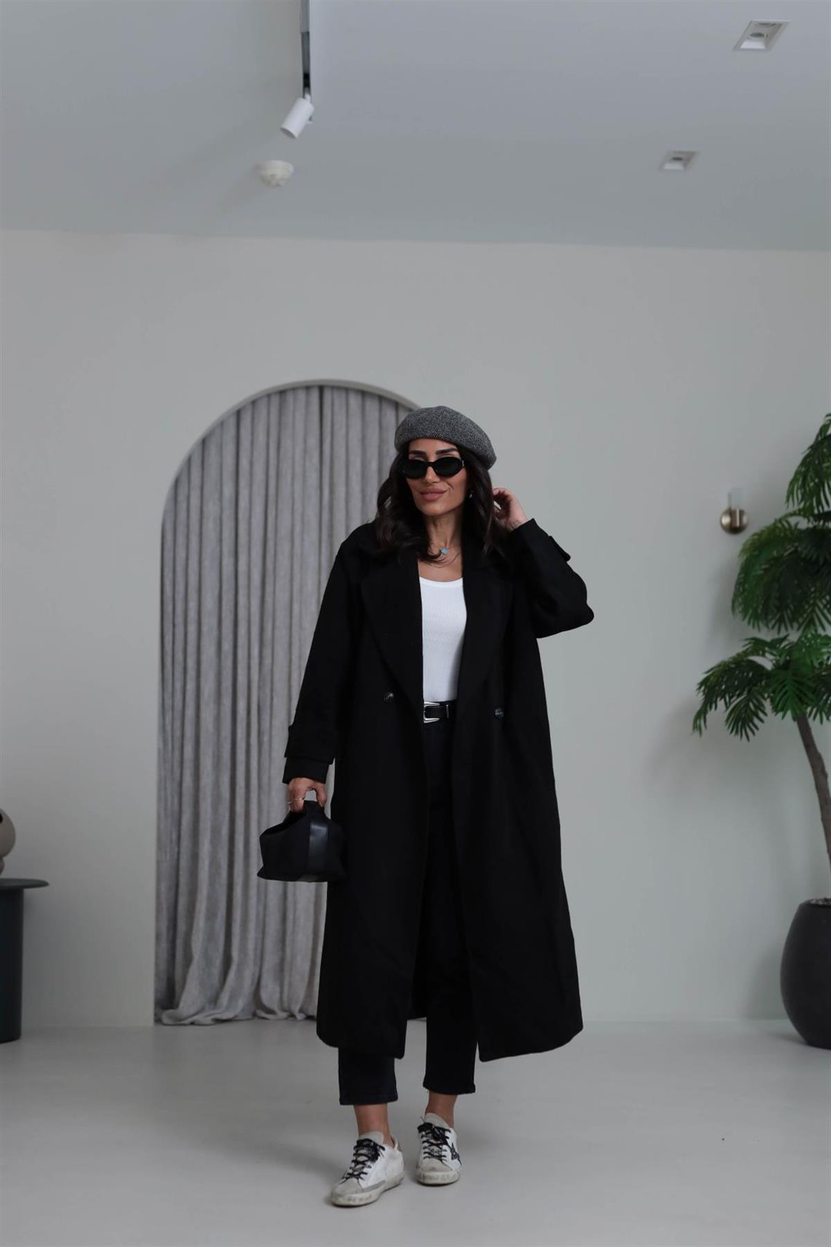 9516 Kruvaze Yaka Kaşe Kaban SİYAH